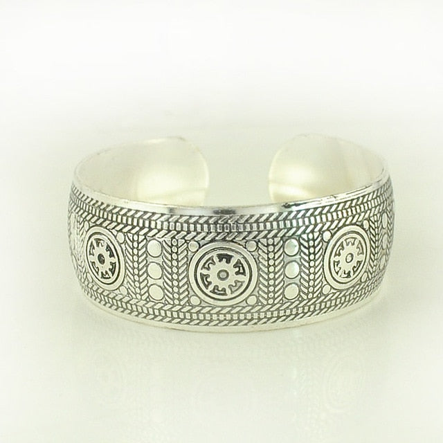 Tibetan Silver Plated Carved Flower Geometric Animal Opening Bangle