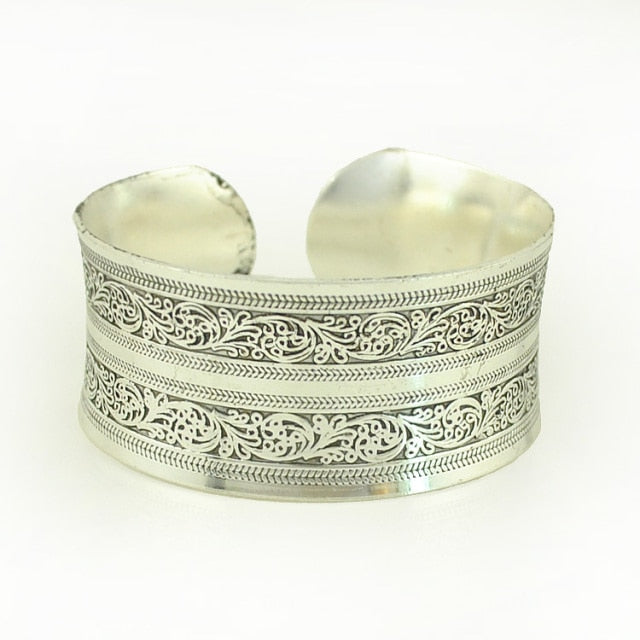 Tibetan Silver Plated Carved Flower Geometric Animal Opening Bangle