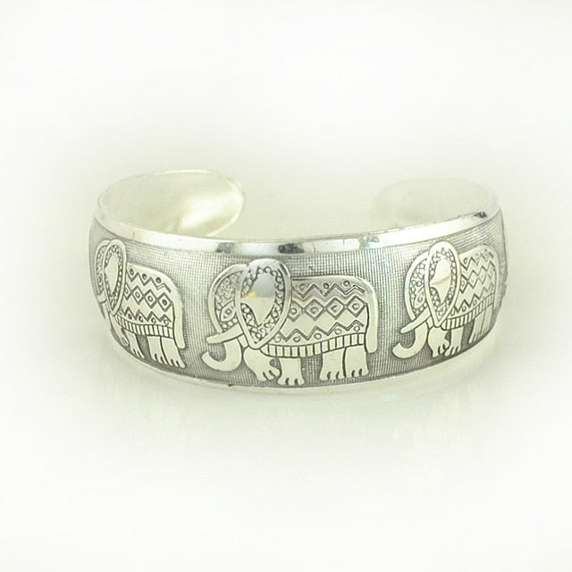 Tibetan Silver Plated Carved Flower Geometric Animal Opening Bangle