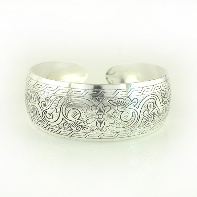 Tibetan Silver Plated Carved Flower Geometric Animal Opening Bangle