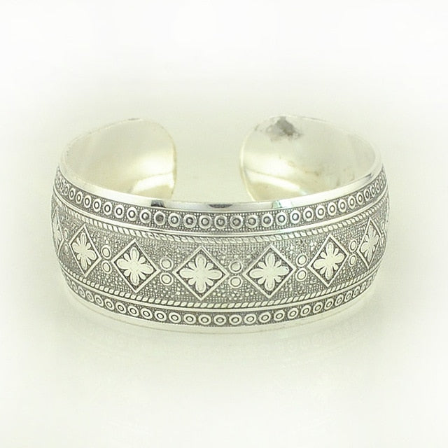 Tibetan Silver Plated Carved Flower Geometric Animal Opening Bangle