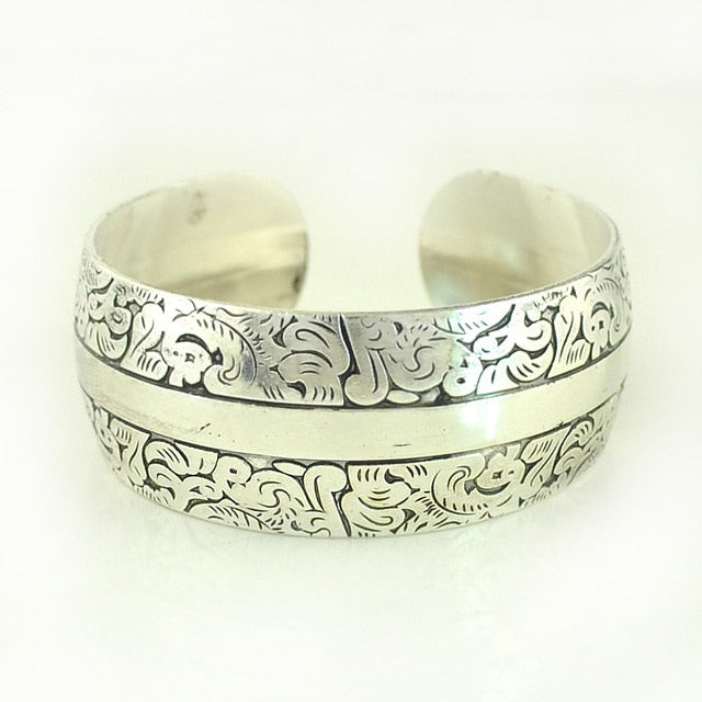 Tibetan Silver Plated Carved Flower Geometric Animal Opening Bangle