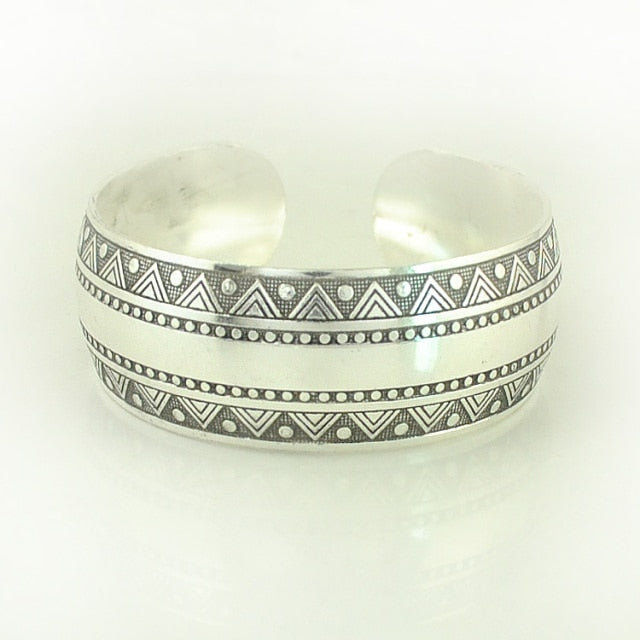 Tibetan Silver Plated Carved Flower Geometric Animal Opening Bangle