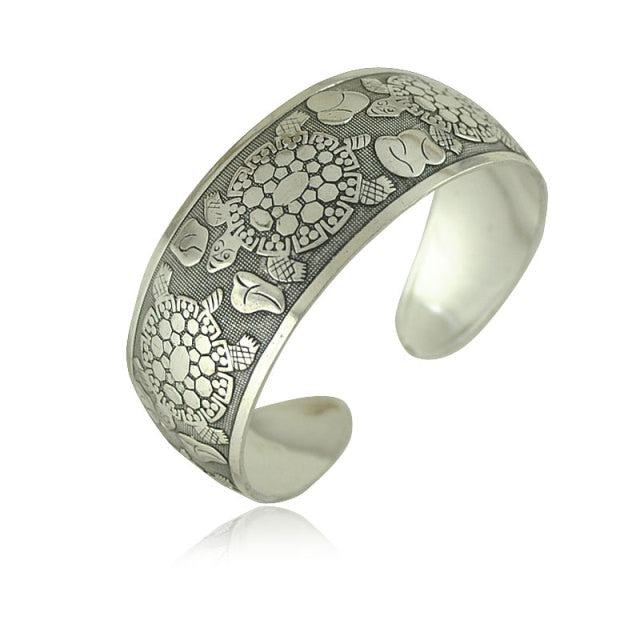 Tibetan Silver Plated Carved Flower Geometric Animal Opening Bangle