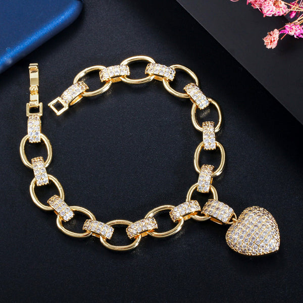 Pulseras de lujo con forma de corazón y circonita cúbica, con cadena redonda única y pavimentada.