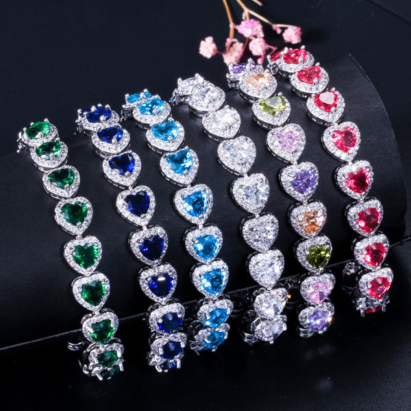 Purple Red Green Cubic Zirconia Crystal Heart Shape Connected Bracelet