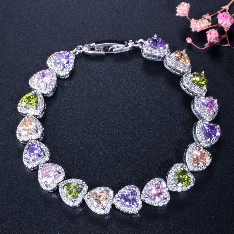 Purple Red Green Cubic Zirconia Crystal Heart Shape Connected Bracelet