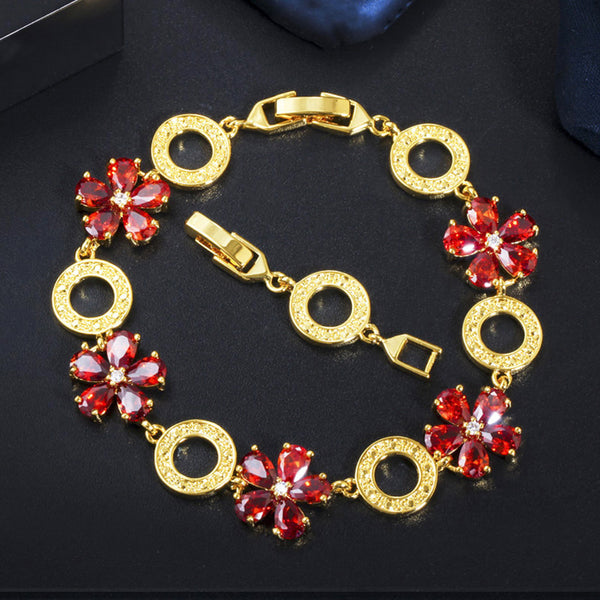 Hermosa pulsera de cadena de eslabones de cristal CZ brillante con flores redondas