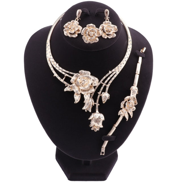 Wedding Flower Shape Necklace Earrings Bracelet Ring Set