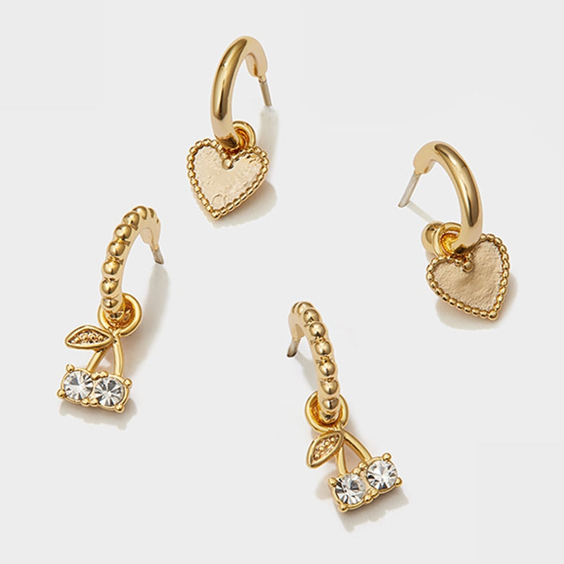 Gold Small Hoop Earrings Cherry Rhinestone Earrings