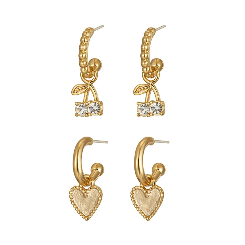 Gold Small Hoop Earrings Cherry Rhinestone Earrings
