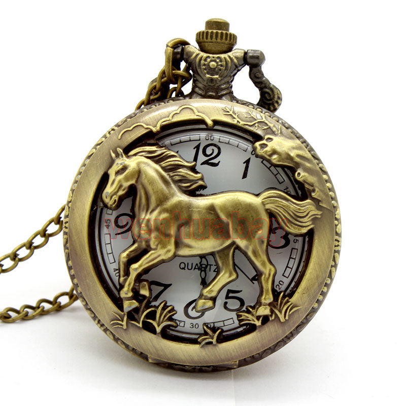 Retro Antique Chinese Zodiac Openwork Pendant Necklace Pocket Fob Watch