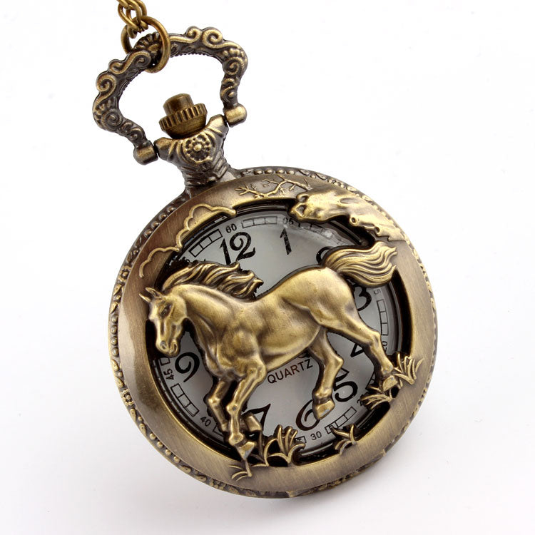 Retro Antique Chinese Zodiac Openwork Pendant Necklace Pocket Fob Watch