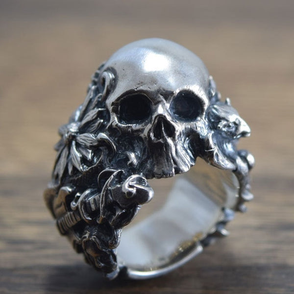 Gothic Music Guitar Flower Skull Ring Gargoyle Stainless Steel Biker Rings
