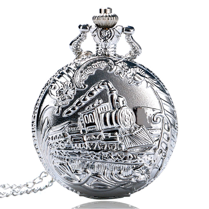 Retro Silver Pocket Watch Train with Flower Relogio De Bolso Quartz Watch