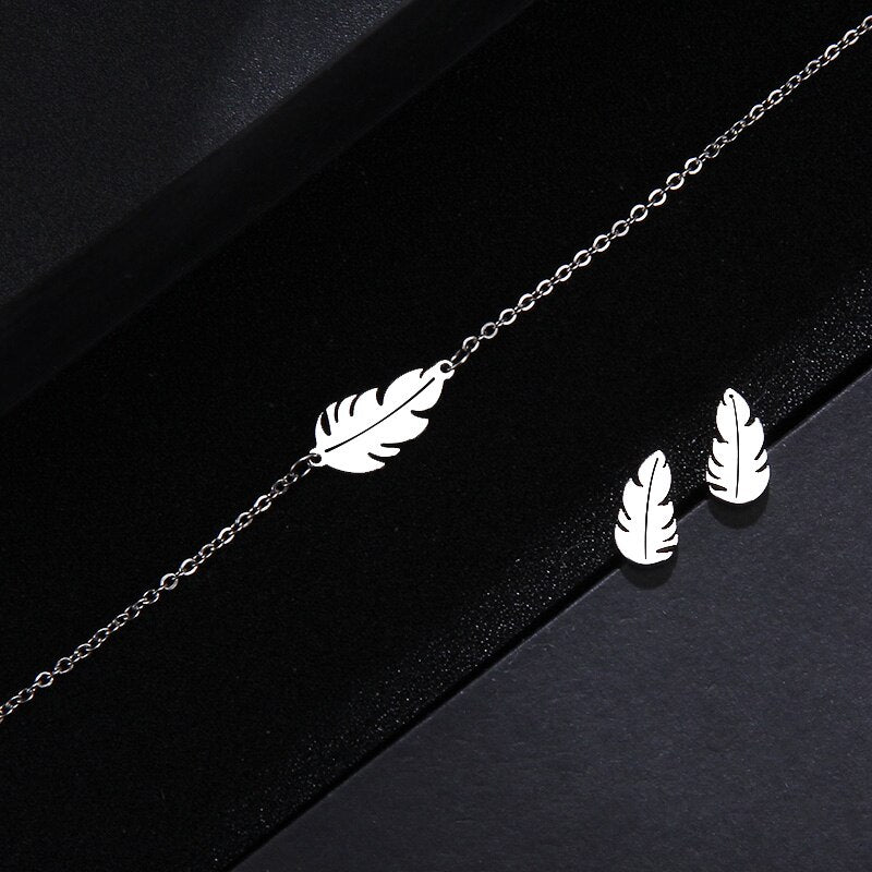 Feather Shape Necklace Bracelet Earring Lover's Sets For Women