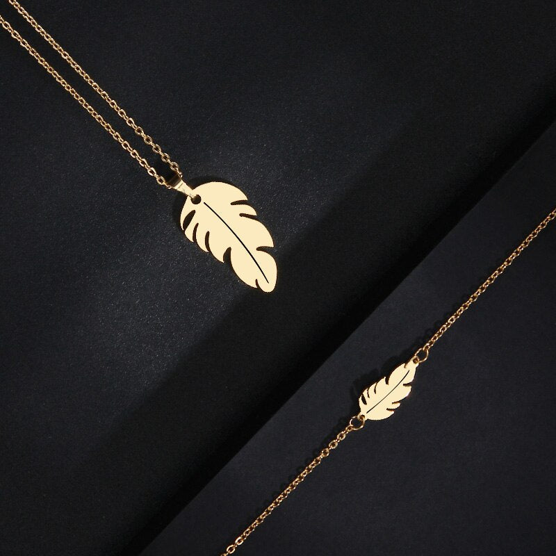 Feather Shape Necklace Bracelet Earring Lover's Sets For Women