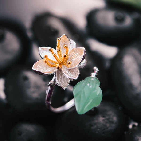 925 Sterling Silver Natural Aventurine Gemstones Flower  Lotus Whispers Rings