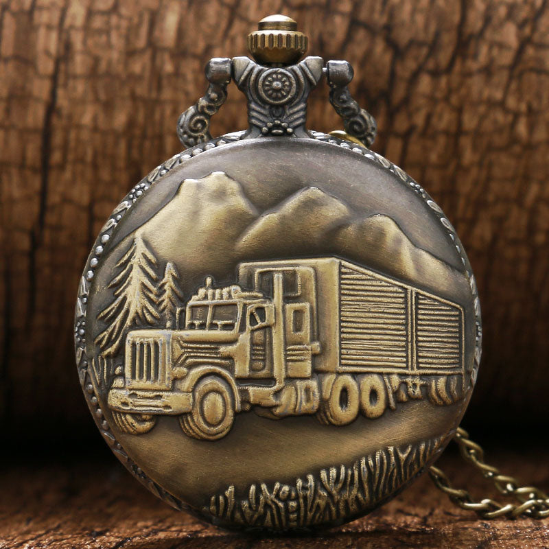 Vintage Bronze Train Front Locomotive 3D Car Truck Pattern Pocket Watch