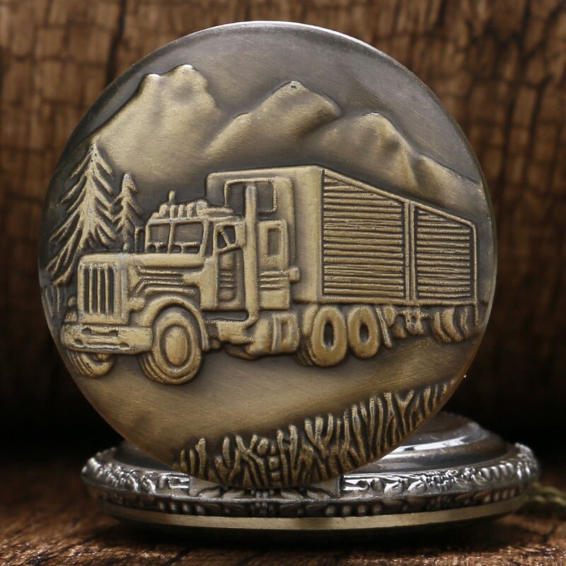 Vintage Bronze Train Front Locomotive 3D Car Truck Pattern Pocket Watch