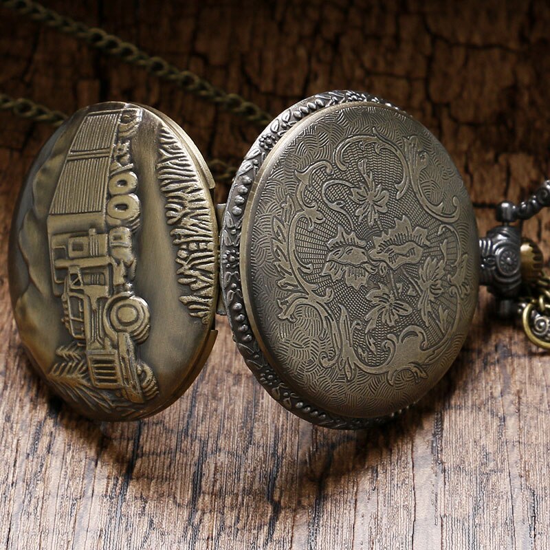 Vintage Bronze Train Front Locomotive 3D Car Truck Pattern Pocket Watch