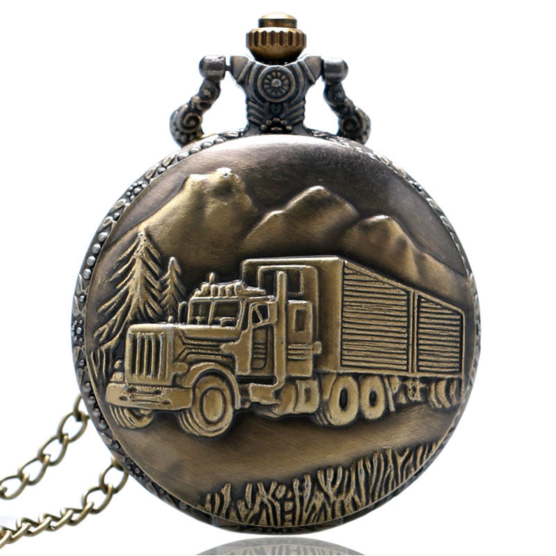 Vintage Bronze Train Front Locomotive 3D Car Truck Pattern Pocket Watch