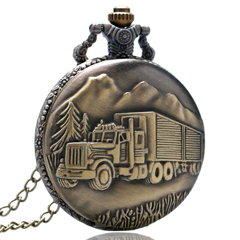 Vintage Bronze Train Front Locomotive 3D Car Truck Pattern Pocket Watch