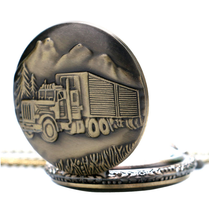 Vintage Bronze Train Front Locomotive 3D Car Truck Pattern Pocket Watch