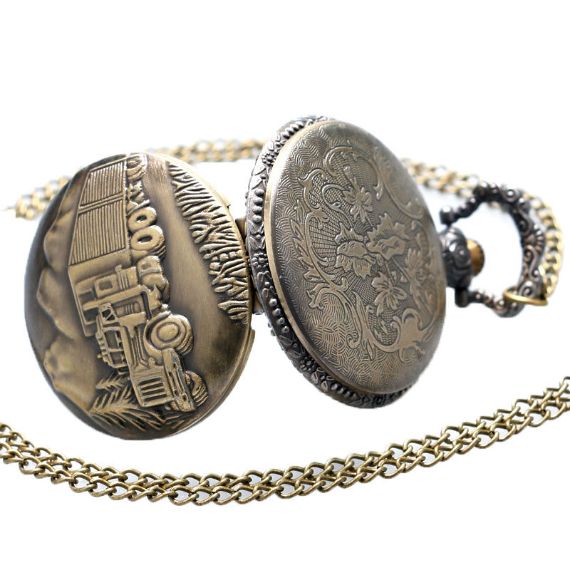 Vintage Bronze Train Front Locomotive 3D Car Truck Pattern Pocket Watch