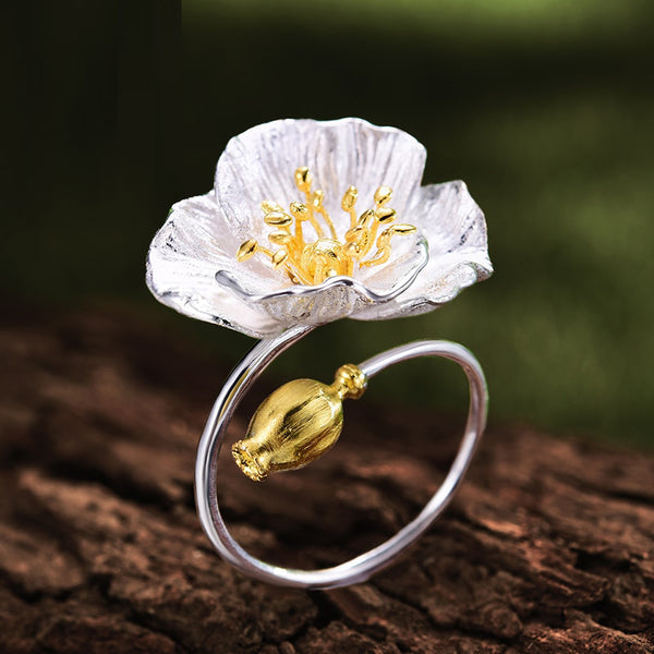 925 Sterling Silver Adjustable Ring Blooming Poppies Flower Rings