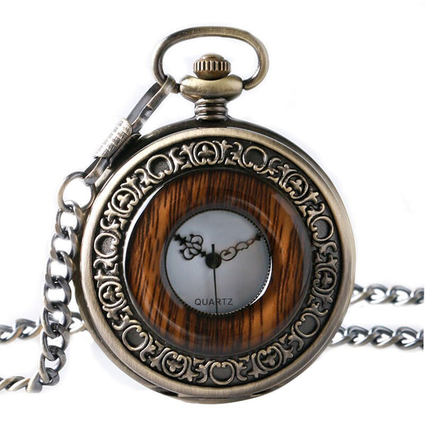 Reloj de bolsillo de lujo de cuarzo analógico vintage con caja redonda de madera