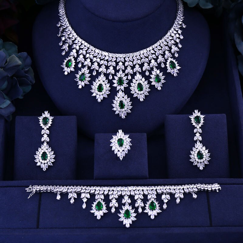 Green Blue Black Red cubic zirconia necklace drop earrings bracelet and ring 4pcs set
