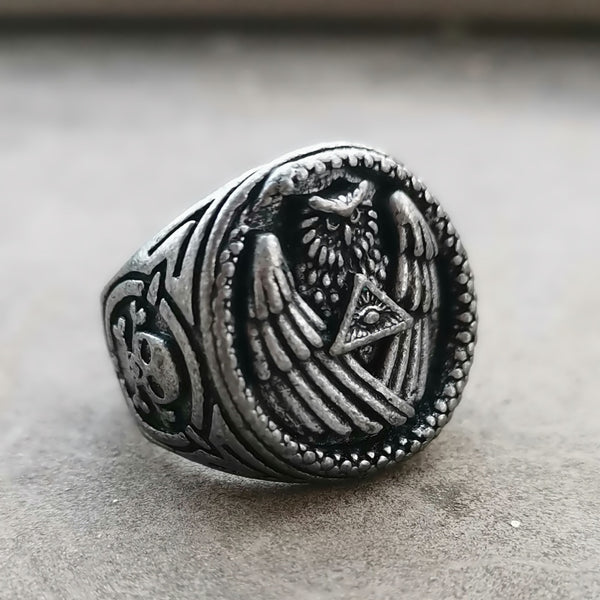 Anillo de motociclista vintage de color plata con diseño de pirámide del Ojo que todo lo ve, Illuminati, serpiente, búho y calavera