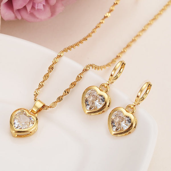 Heart White Blue Green Cubic Zircon Earring Necklace chain Jewelry Sets