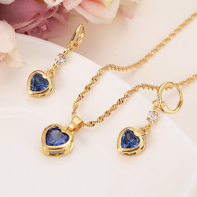 Heart White Blue Green Cubic Zircon Earring Necklace chain Jewelry Sets