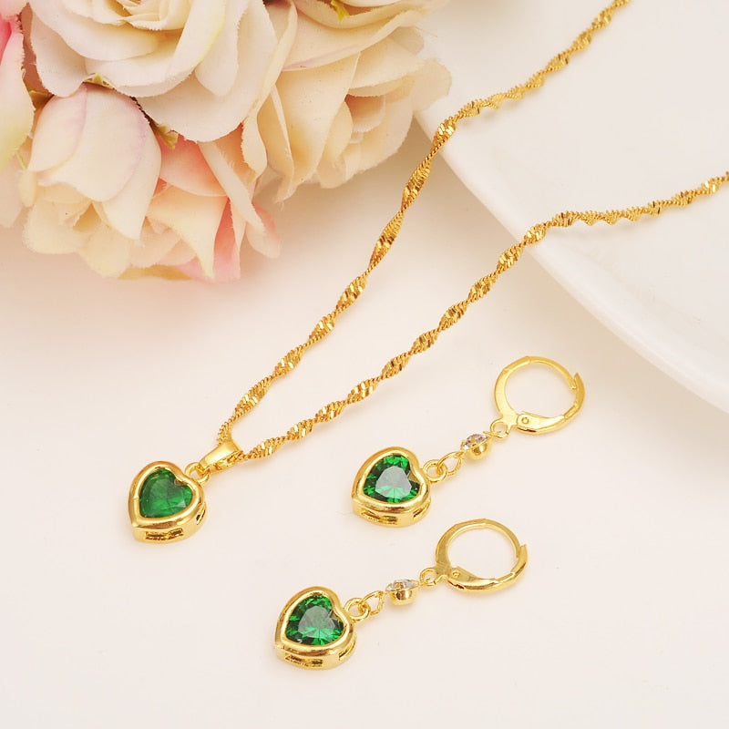 Heart White Blue Green Cubic Zircon Earring Necklace chain Jewelry Sets