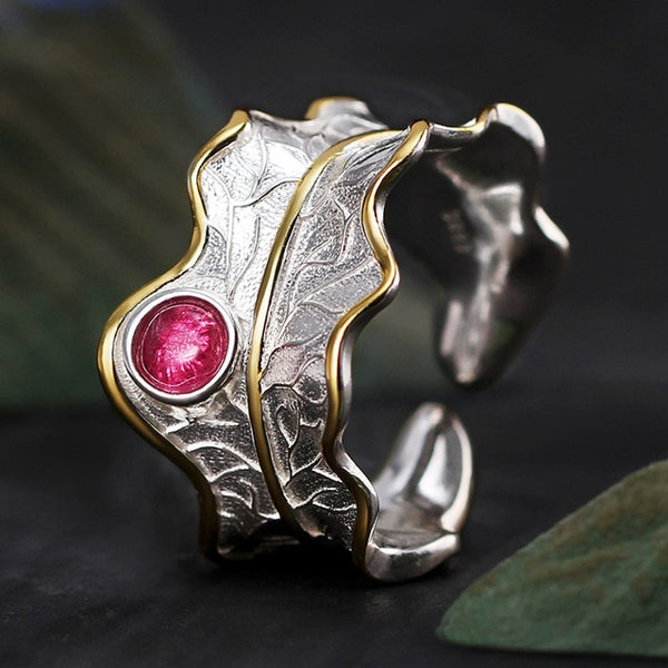 925 Sterling Silver Ring Adjustable Peony Leaf Rings for Women