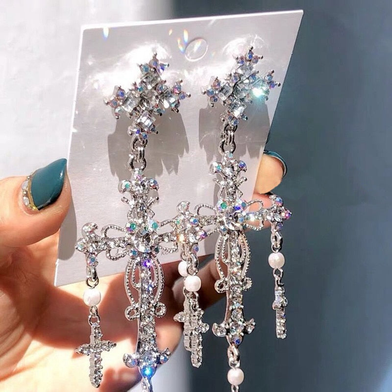 Luxury Palace Style Silver Color Crystal Pearl Cross Dangle Earrings