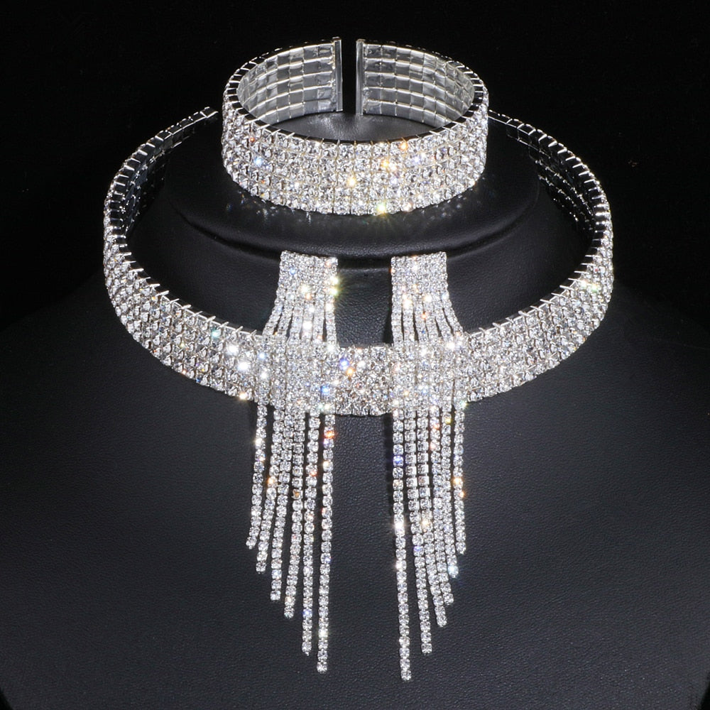 African Rhinestone Wedding Necklace Earrings Bracelet Sets
