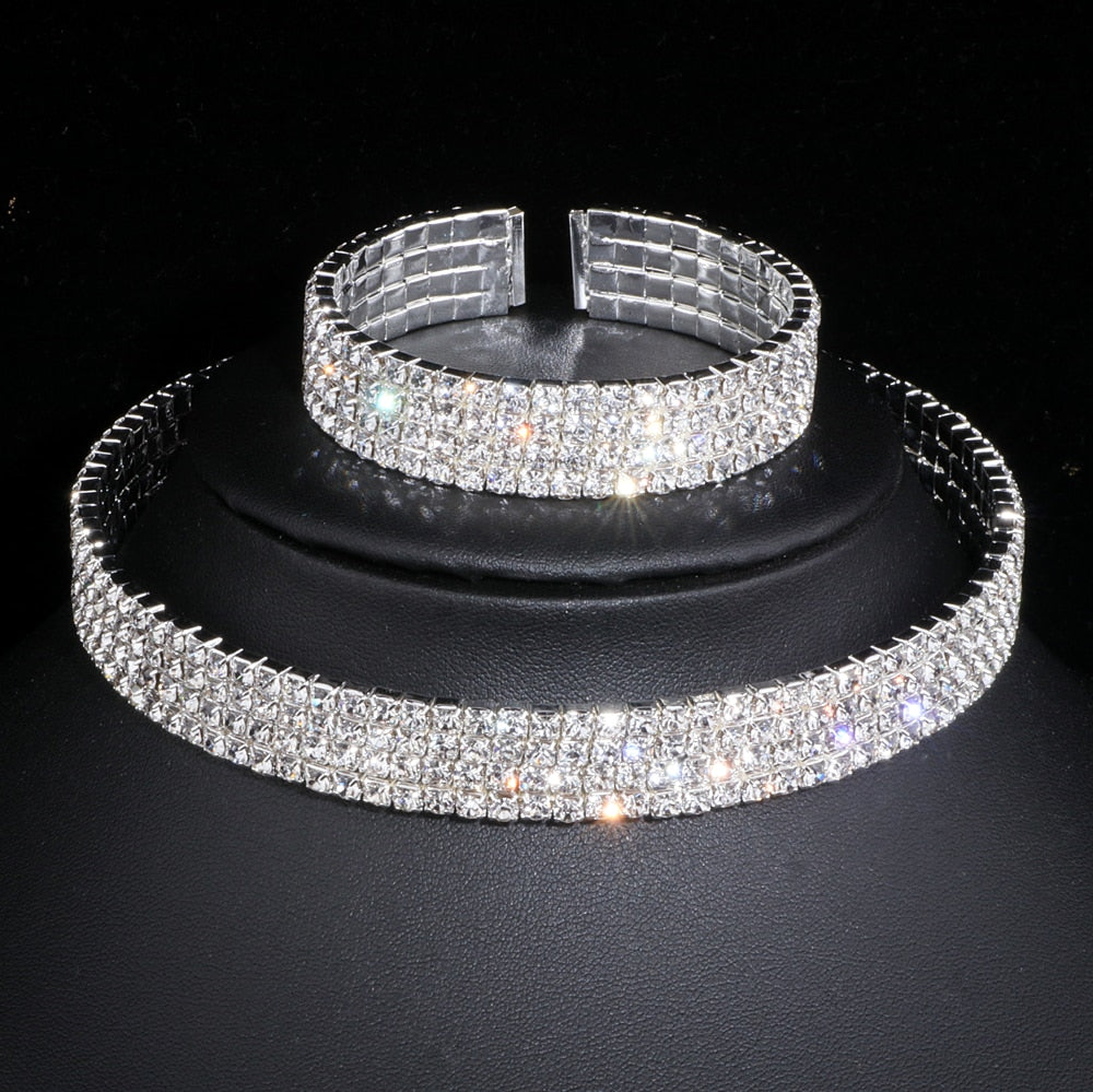 African Rhinestone Wedding Necklace Earrings Bracelet Sets