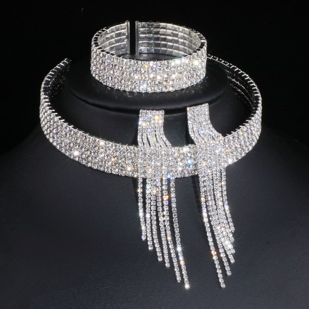African Rhinestone Wedding Necklace Earrings Bracelet Sets