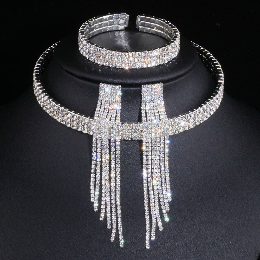 African Rhinestone Wedding Necklace Earrings Bracelet Sets
