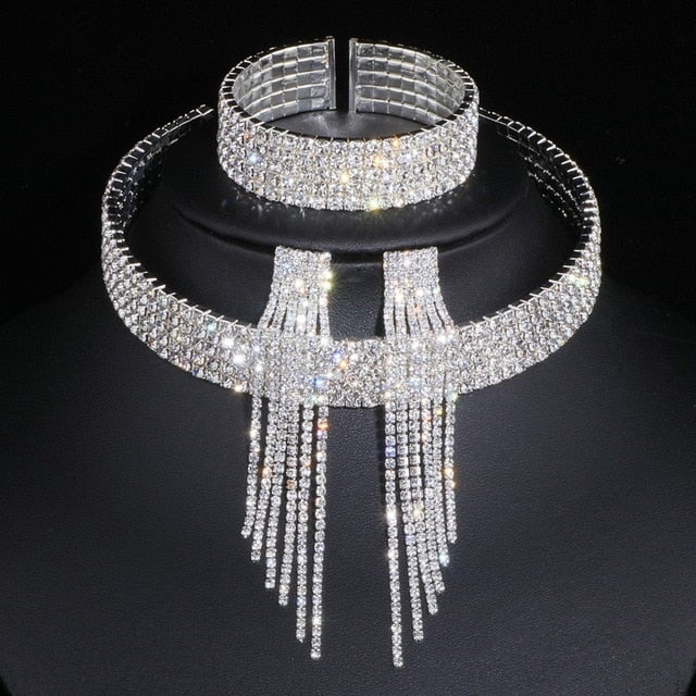 African Rhinestone Wedding Necklace Earrings Bracelet Sets