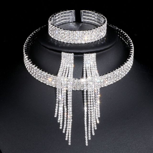 African Rhinestone Wedding Necklace Earrings Bracelet Sets