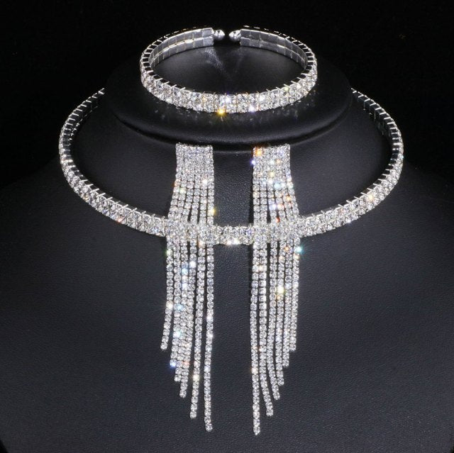 African Rhinestone Wedding Necklace Earrings Bracelet Sets