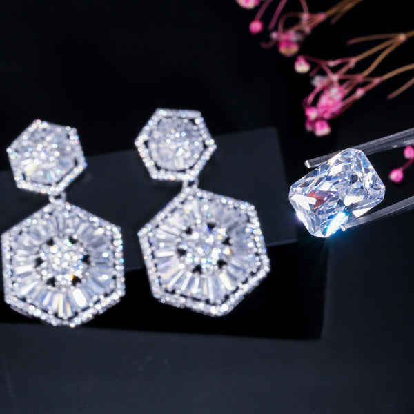 Large Cubic Zirconia Fairy Size Long Hexagon Earrings