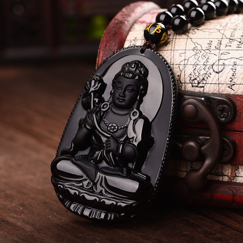 Black Obsidian Carved Buddha Lucky  Pendant