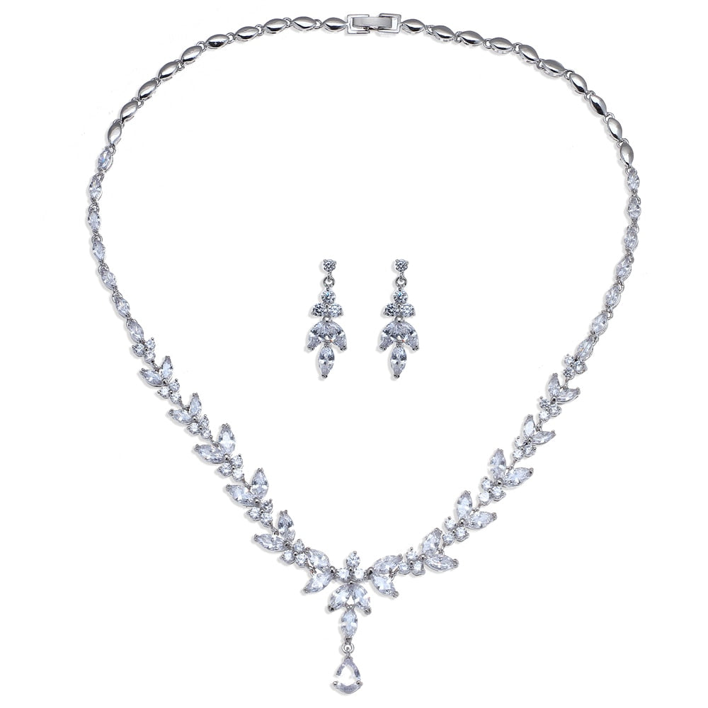 Cubic Zircon Stud Earrings & Necklace Jewelry Sets