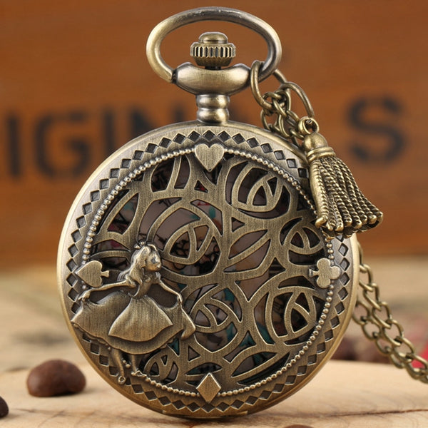 Relojes de bolsillo de bronce con la encantadora princesa Alicia en el país de las maravillas