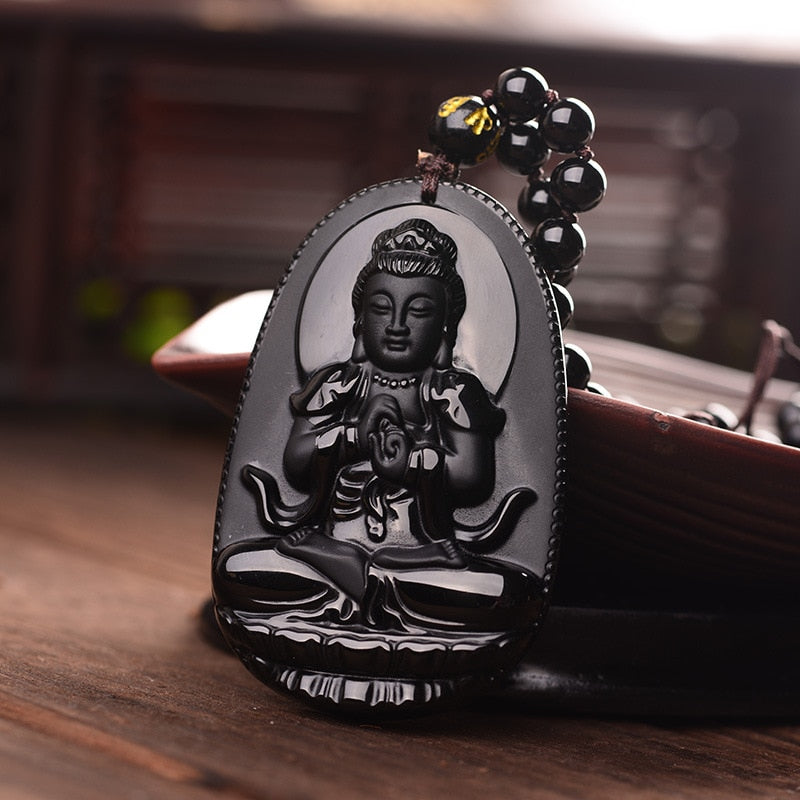 Black Obsidian Carved Buddha Pendant Necklace